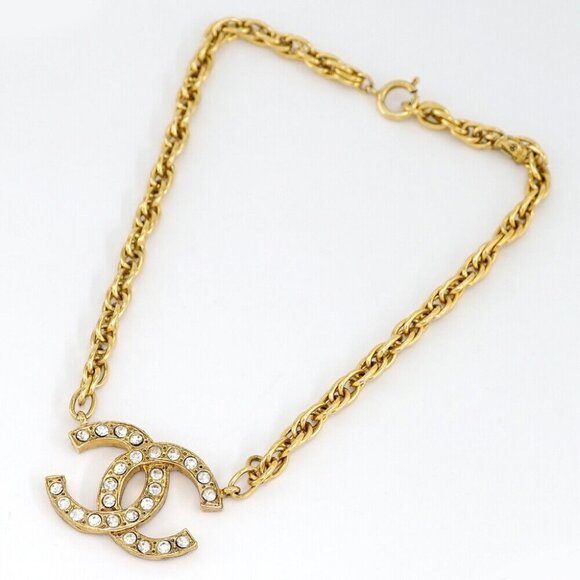 CHANEL CC Logos Rhinestone Vintage Pendant Necklace 16" Gold Tone Auth #37681 - Picture 3 of 6